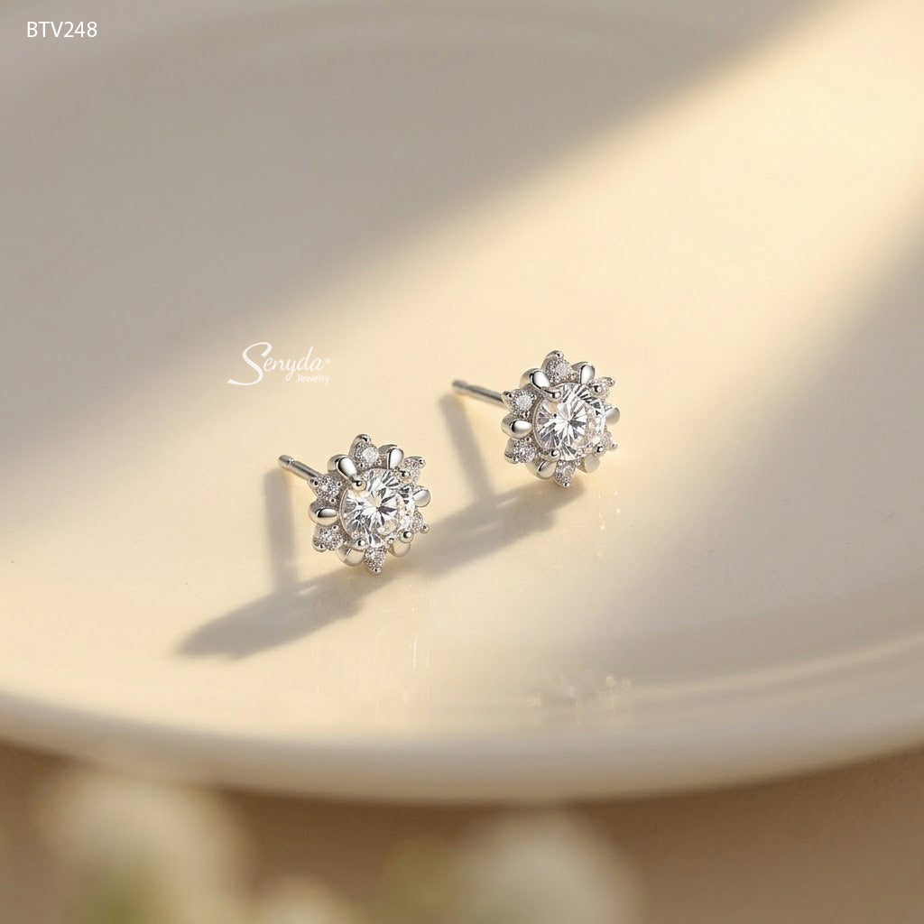 10K Solid Gold Flower Halo CZ Stud Earrings