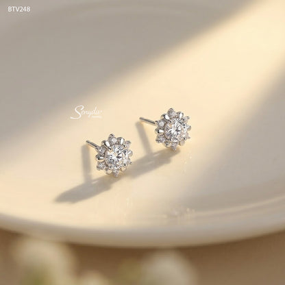 10K Solid Gold Flower Halo CZ Stud Earrings