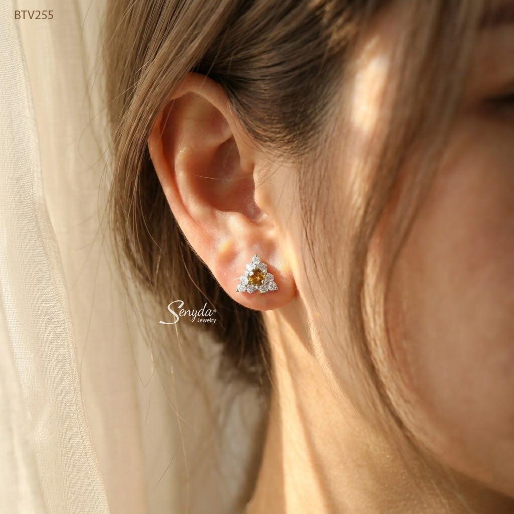 18K Solid Gold Tourmaline Triangle Halo Stud Earrings