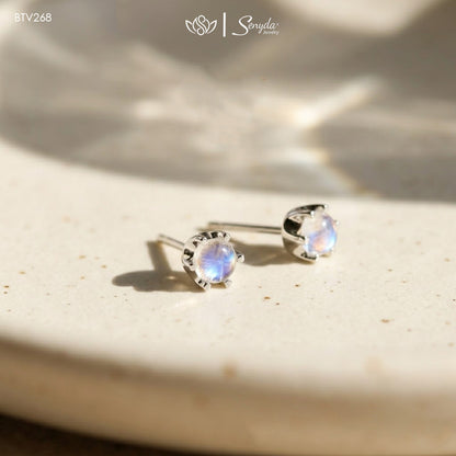 10K Solid Gold Round Moonstone 6-Prong Stud Earrings