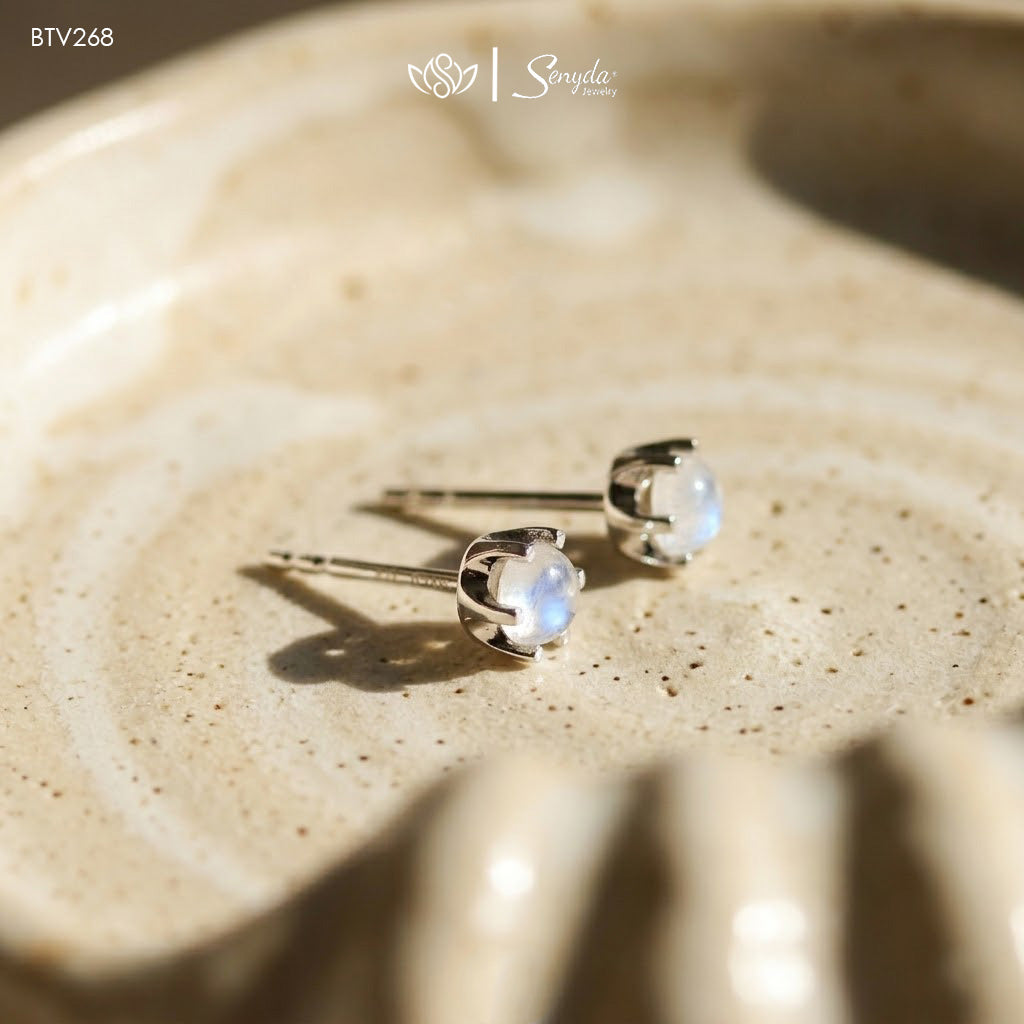 10K Solid Gold Round Moonstone 6-Prong Stud Earrings