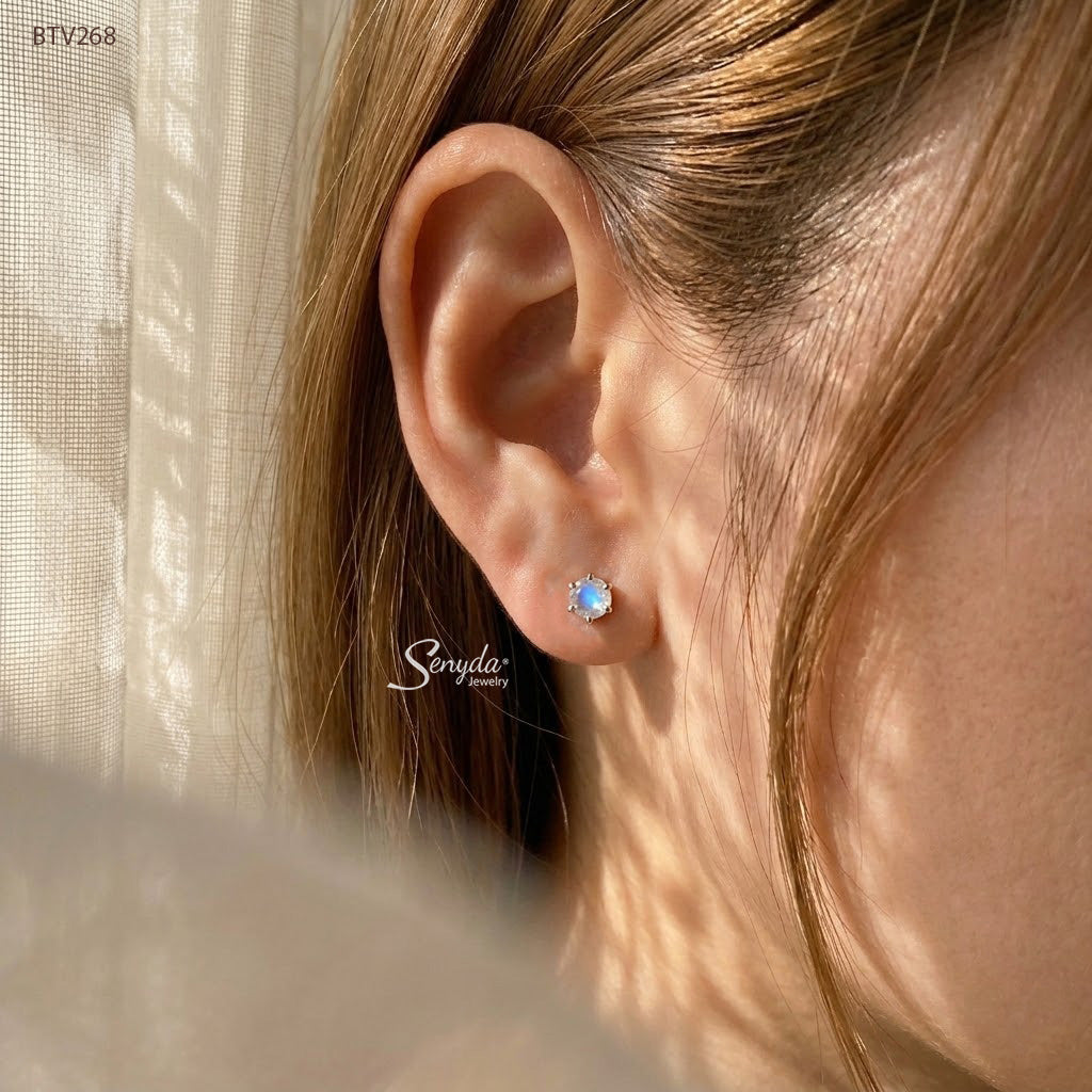10K Solid Gold Round Moonstone 6-Prong Stud Earrings