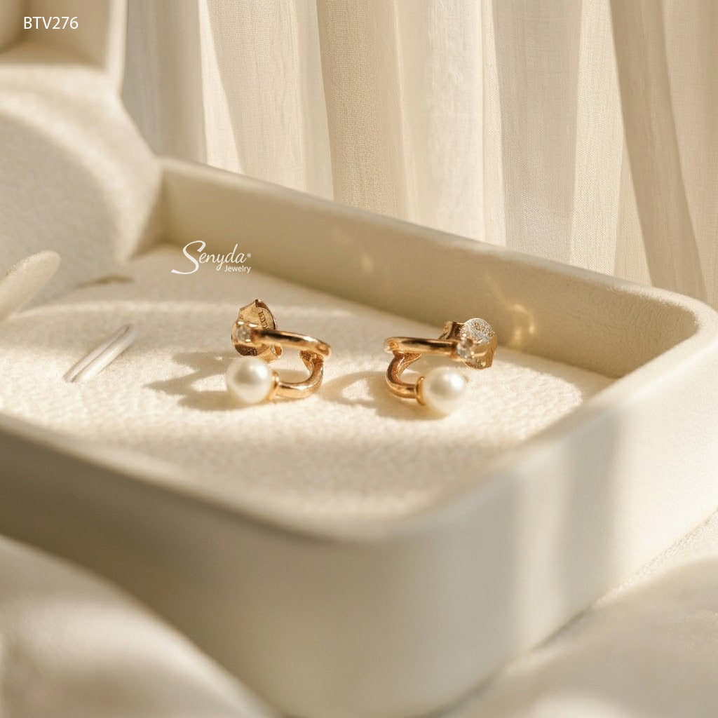 10K Solid Gold Round Freshwater Pearl C Hoop Earrings