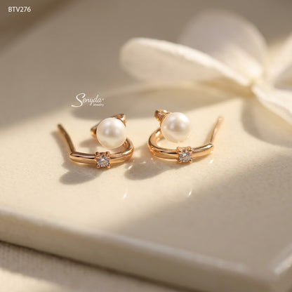 10K Solid Gold Round Freshwater Pearl C Hoop Earrings
