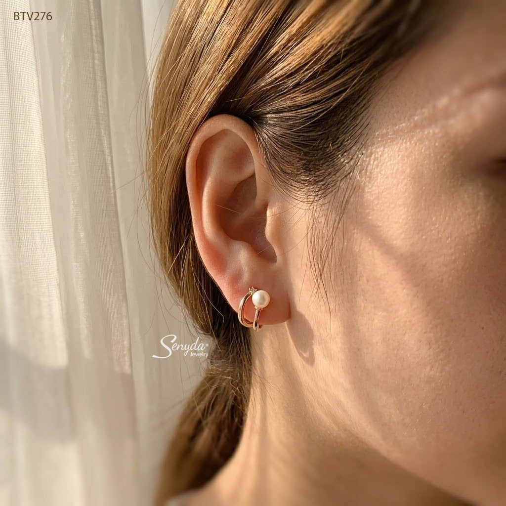 10K Solid Gold Round Freshwater Pearl C Hoop Earrings