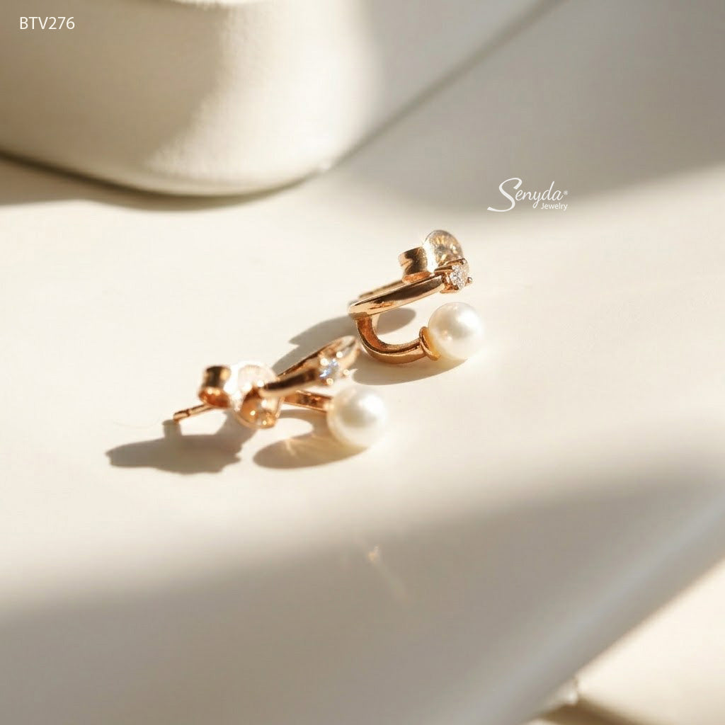 10K Solid Gold Round Freshwater Pearl C Hoop Earrings
