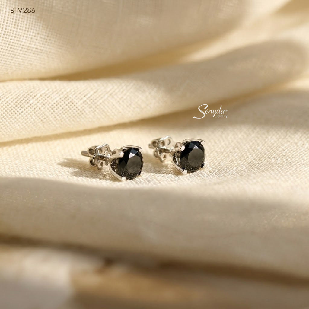 10K Solid Gold 4-Prong Flower Black CZ Stud Earrings With Flower Petal Setting