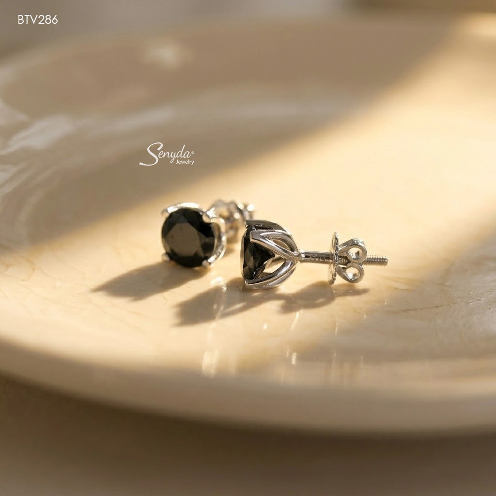10K Solid Gold 4-Prong Flower Black CZ Stud Earrings With Flower Petal Setting