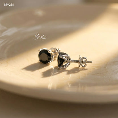 10K Solid Gold 4-Prong Flower Black CZ Stud Earrings With Flower Petal Setting