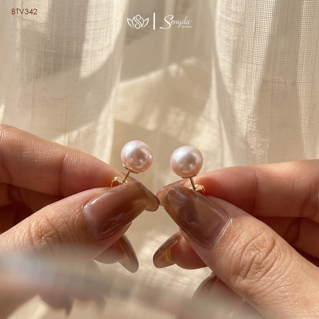 15K Solid Gold 7mm Natural Freshwater Pearls Stud Earrings