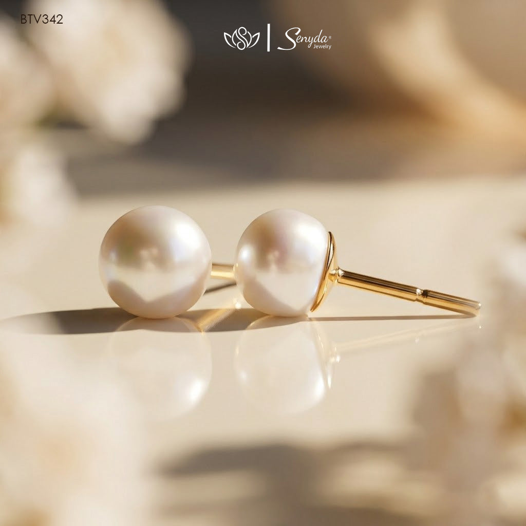 15K Solid Gold 7mm Natural Freshwater Pearls Stud Earrings