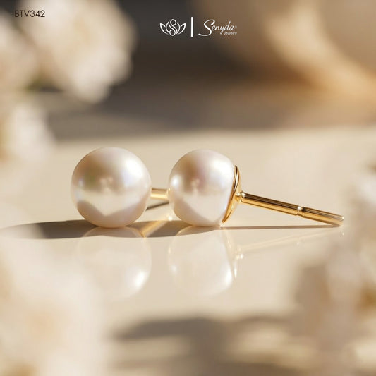 15K Solid Gold 7mm Natural Freshwater Pearls Stud Earrings