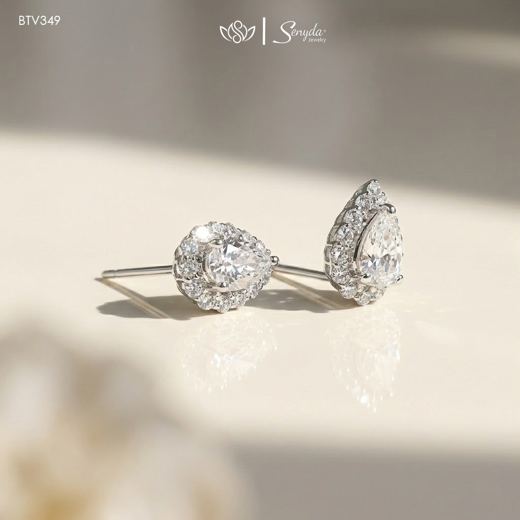 18K Solid Gold Pear Cubic Zirconia Halo Stud Earrings