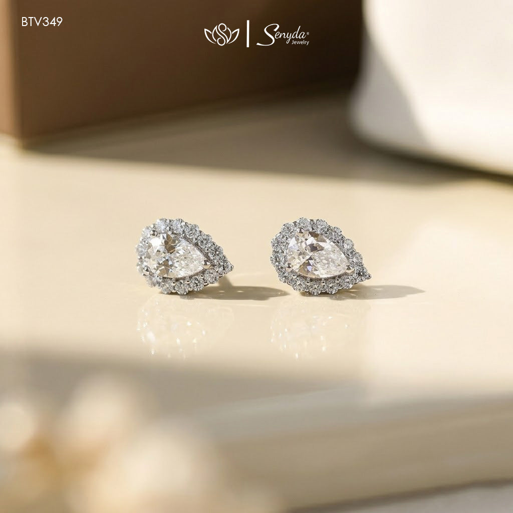 18K Solid Gold Pear Cubic Zirconia Halo Stud Earrings
