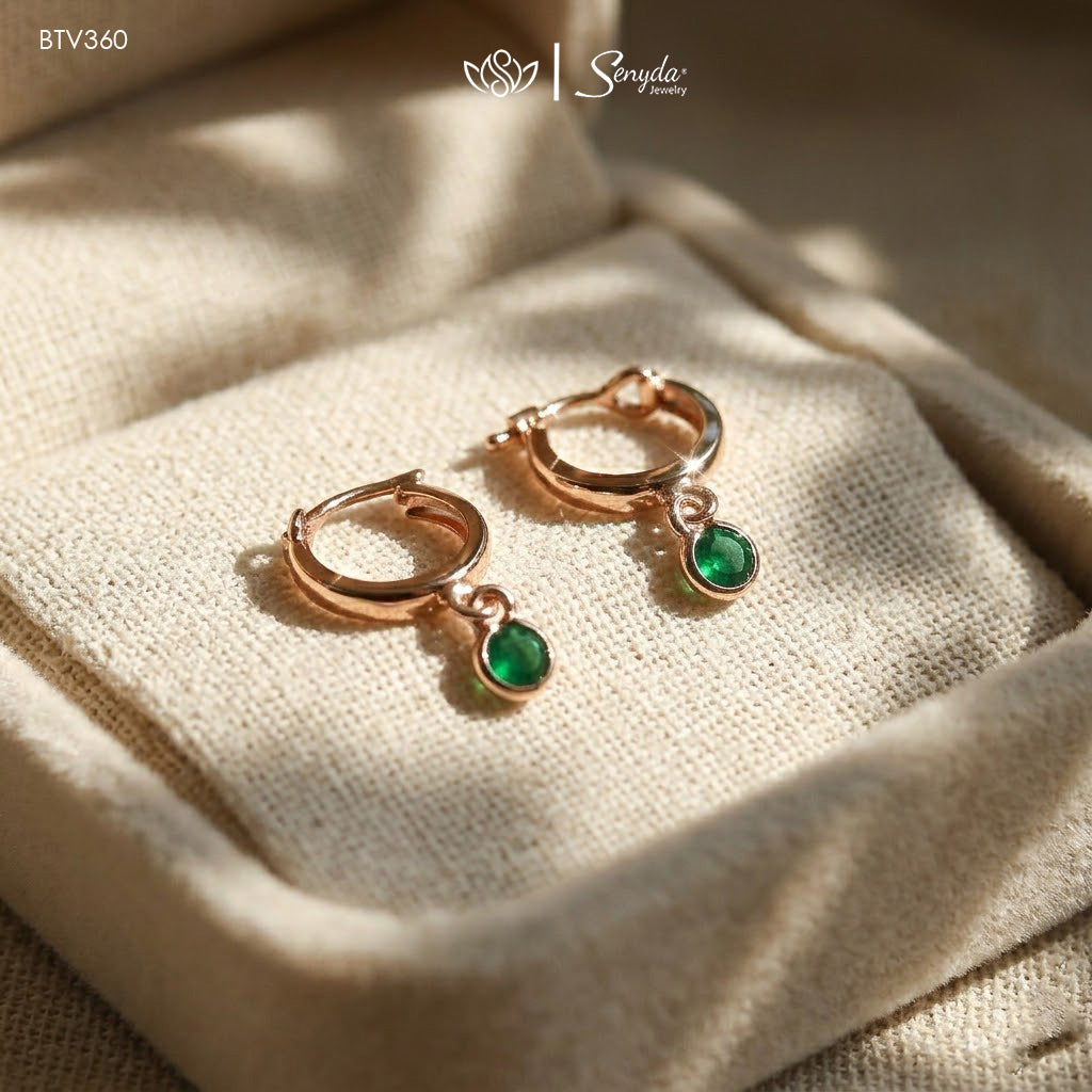 14K Solid Gold Green Cubic Zirconia Hoop Earrings