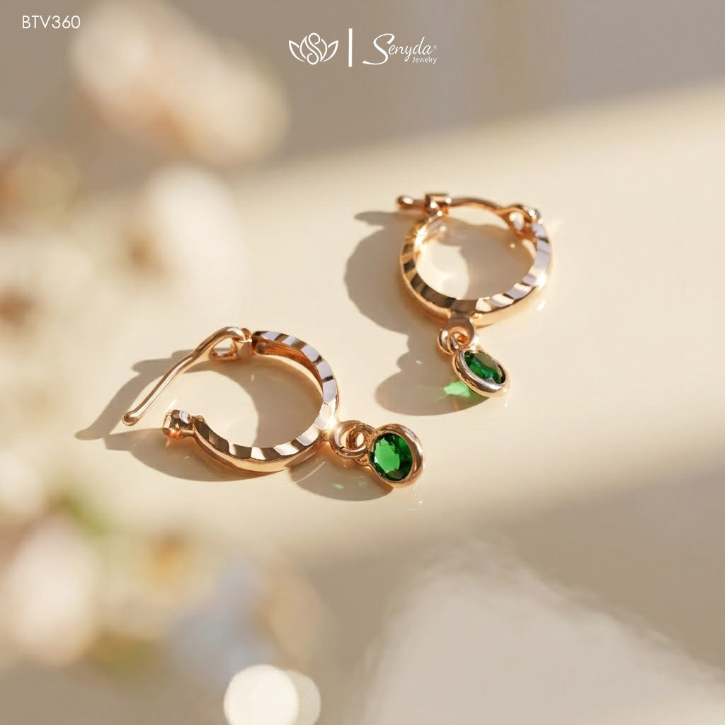14K Solid Gold Green Cubic Zirconia Hoop Earrings