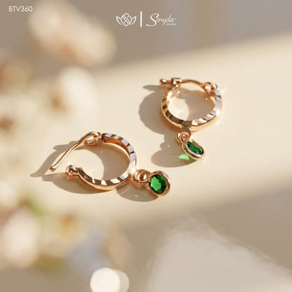 14K Solid Gold Green Cubic Zirconia Hoop Earrings