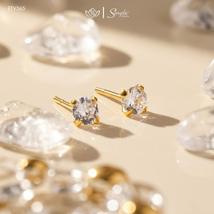 14K Solid Gold Round Cubic Zirconia 4-Prong Stud Earrings