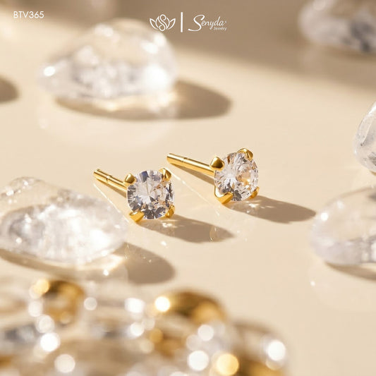 14K Solid Gold Round Cubic Zirconia 4-Prong Stud Earrings