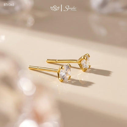 14K Solid Gold Round Cubic Zirconia 4-Prong Stud Earrings
