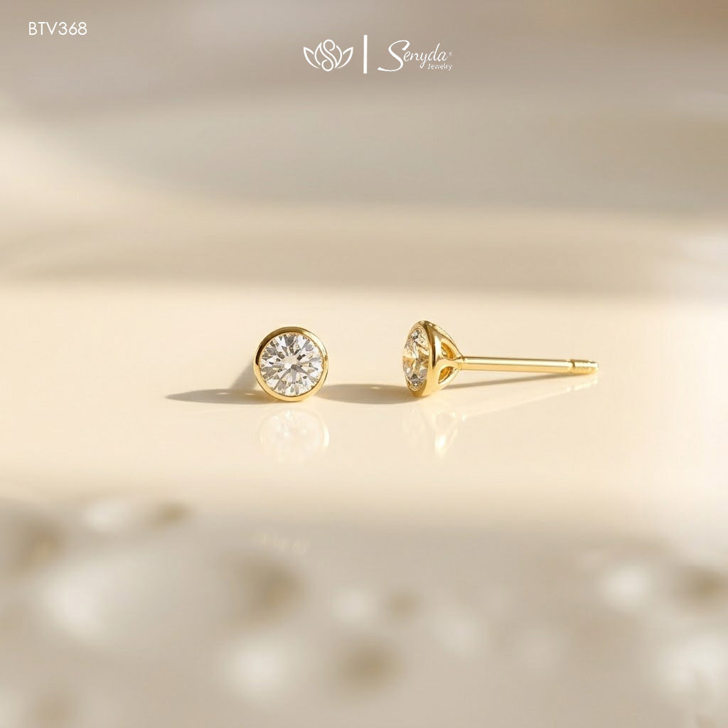 14K Solid Gold Round Cubic Zirconia Bezel Stud Earrings