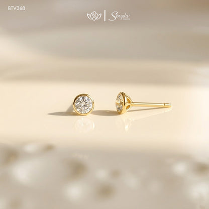 14K Solid Gold Round Cubic Zirconia Bezel Stud Earrings