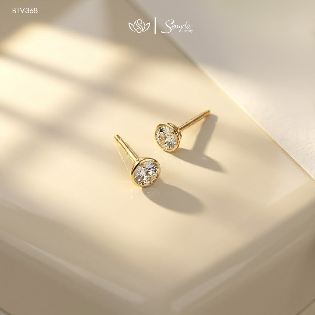 14K Solid Gold Round Cubic Zirconia Bezel Stud Earrings