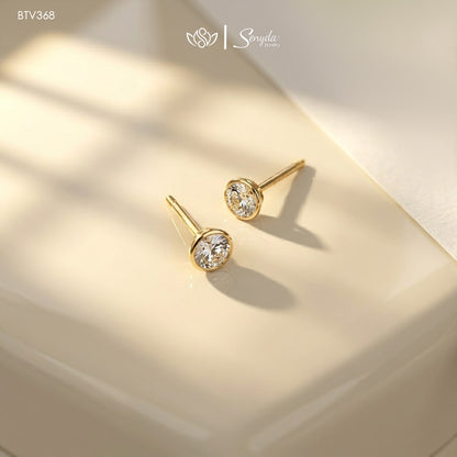 14K Solid Gold Round Cubic Zirconia Bezel Stud Earrings