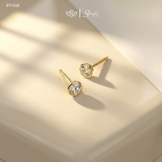 14K Solid Gold Round Cubic Zirconia Bezel Stud Earrings