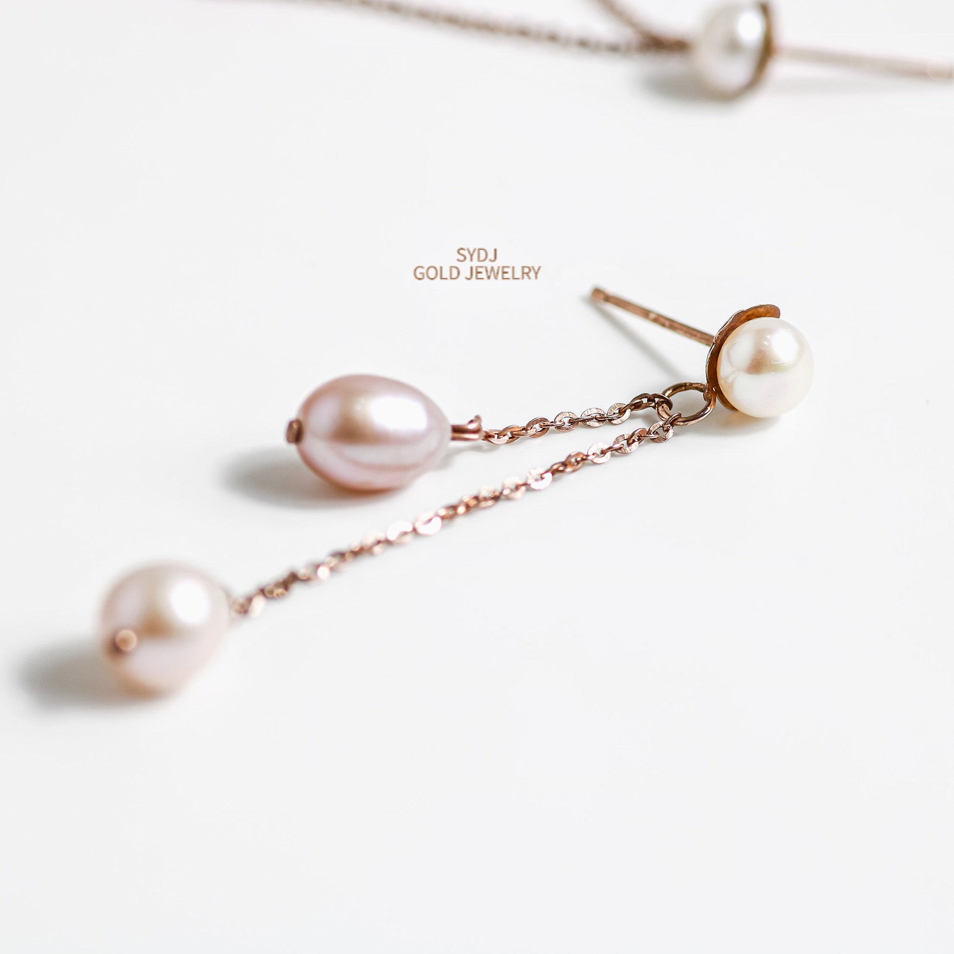 10K Solid Gold Long Double Drop Freshwater Pearl Earrings
