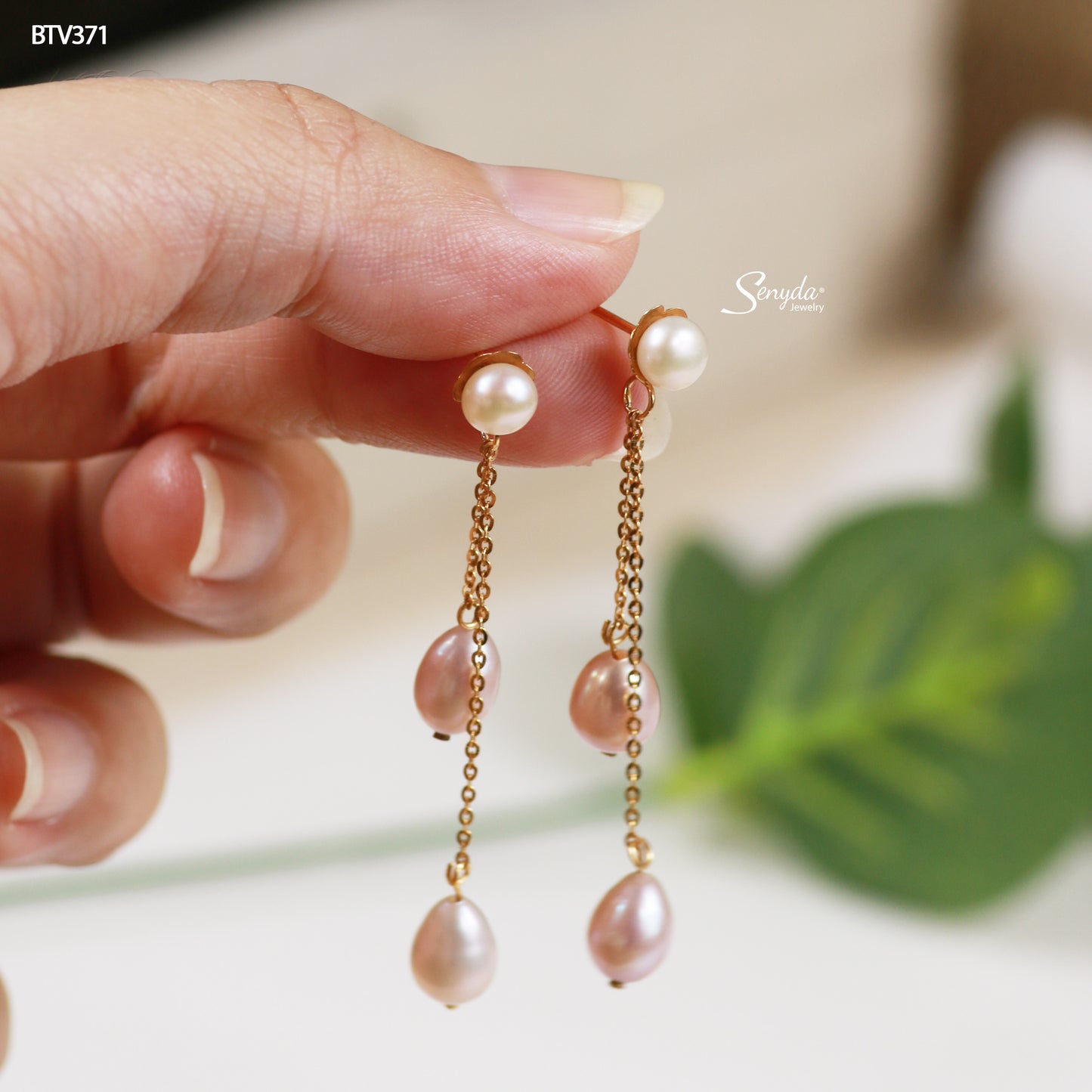 10K Solid Gold Long Double Drop Freshwater Pearl Earrings