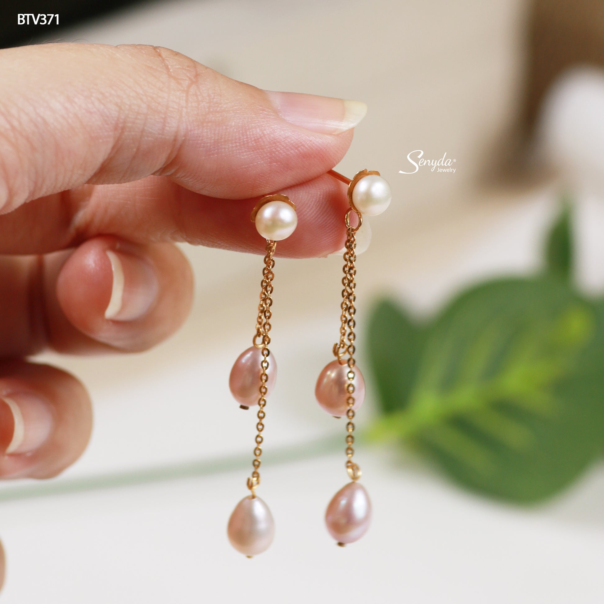 10K Solid Gold Long Double Drop Freshwater Pearl Earrings