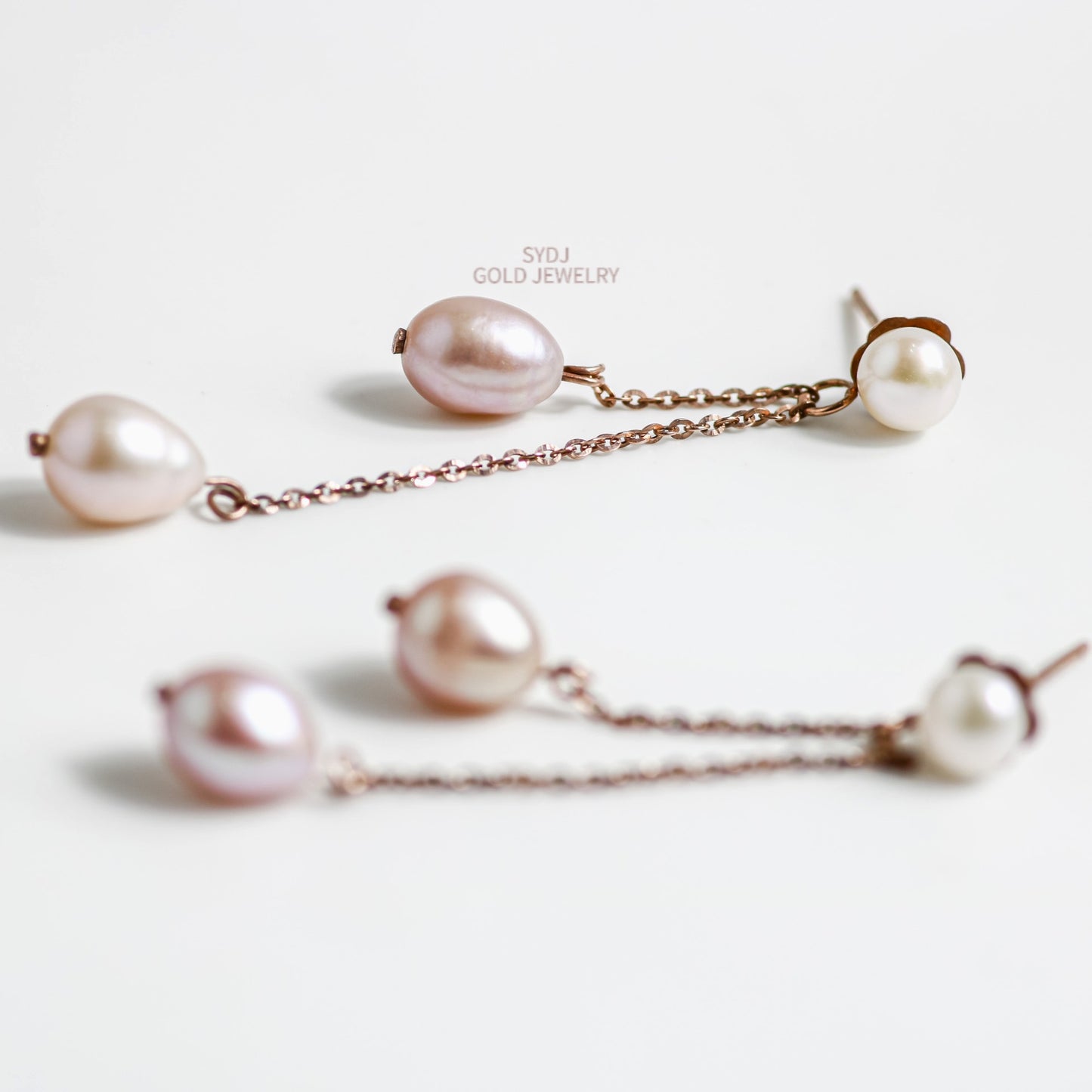 10K Solid Gold Long Double Drop Freshwater Pearl Earrings