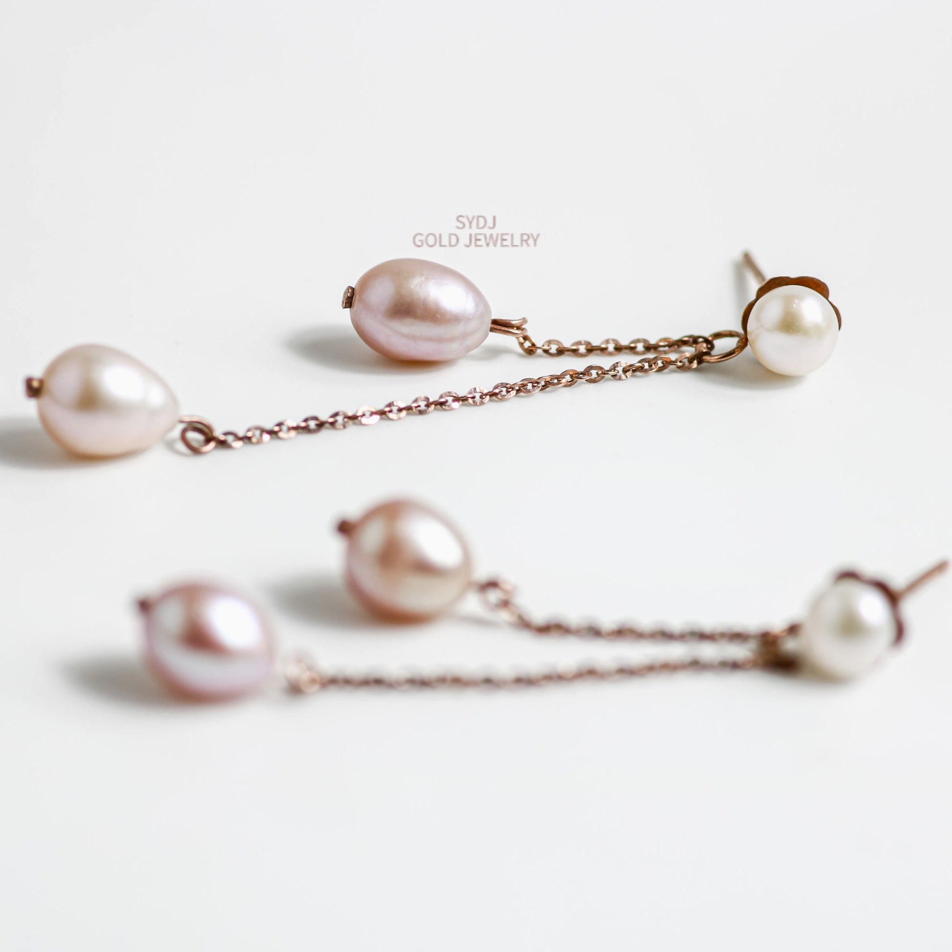 10K Solid Gold Long Double Drop Freshwater Pearl Earrings