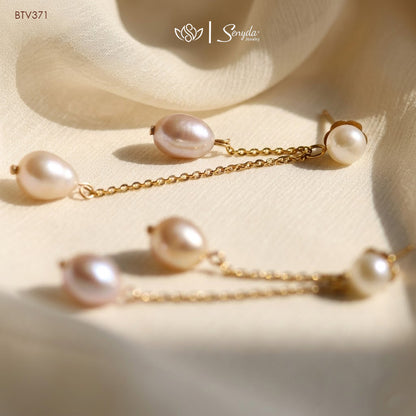10K Solid Gold Long Double Drop Freshwater Pearl Earrings
