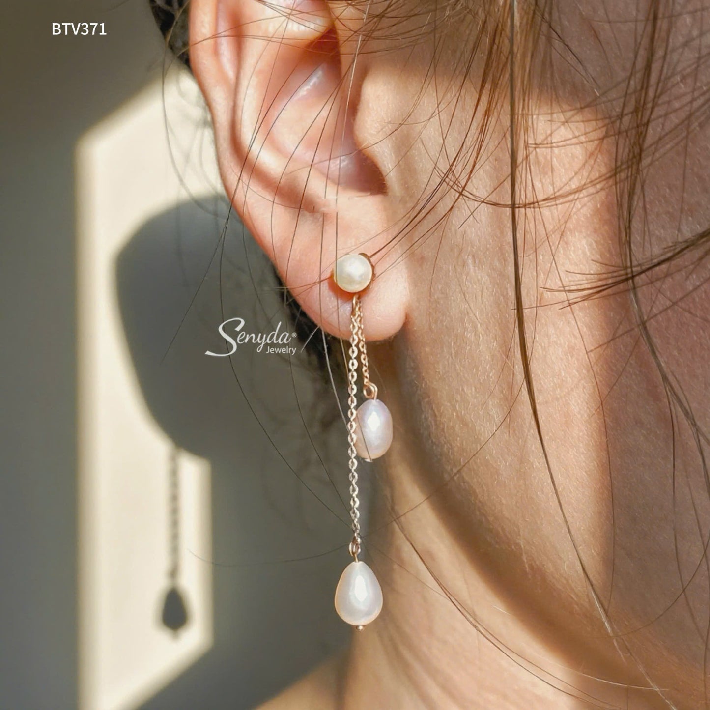 10K Solid Gold Long Double Drop Freshwater Pearl Earrings