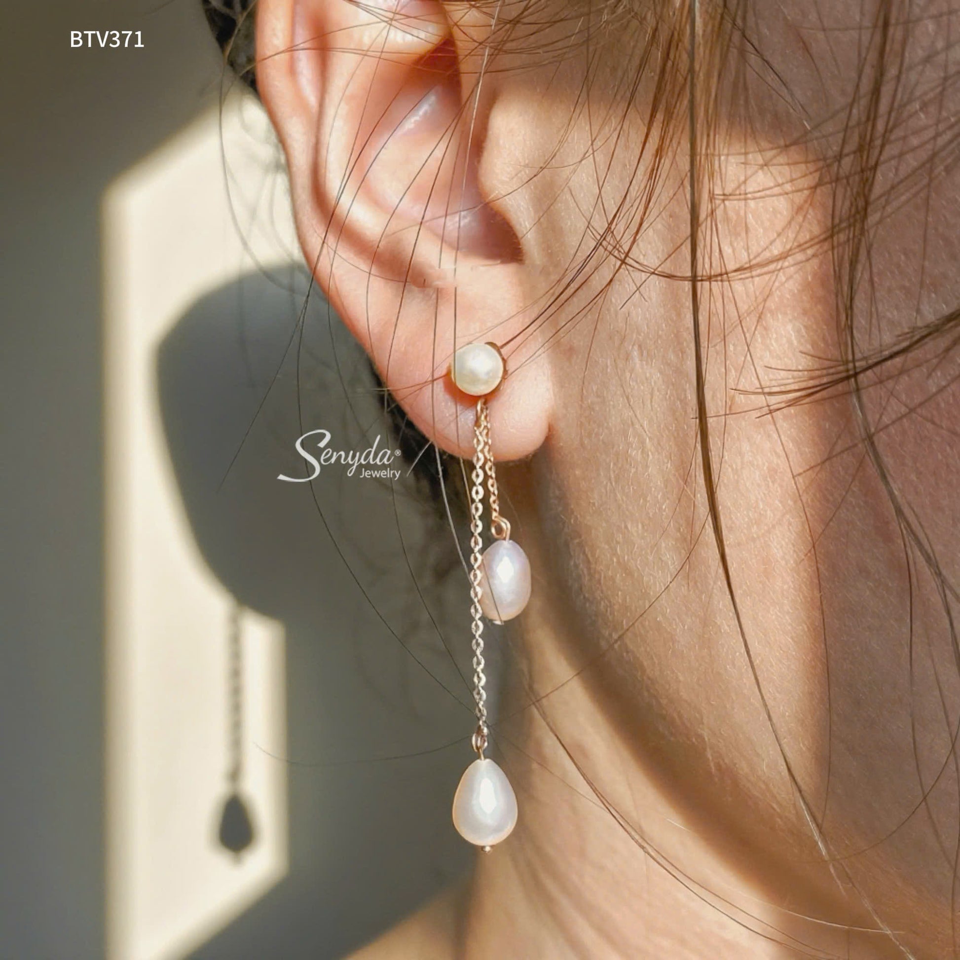 10K Solid Gold Long Double Drop Freshwater Pearl Earrings