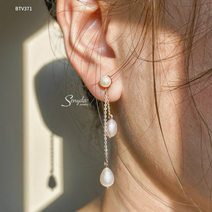 10K Solid Gold Long Double Drop Freshwater Pearl Earrings