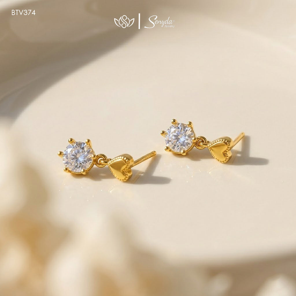 10K Solid Gold Heart Drop Earrings With CZ Stones