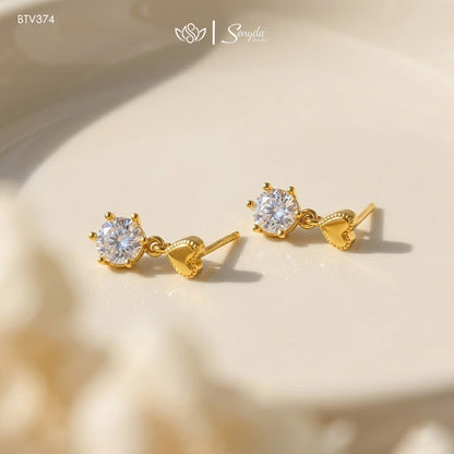 10K Solid Gold Heart Drop Earrings With CZ Stones