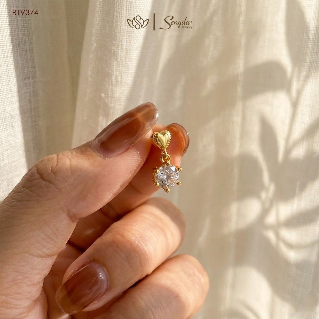 10K Solid Gold Heart Drop Earrings With CZ Stones