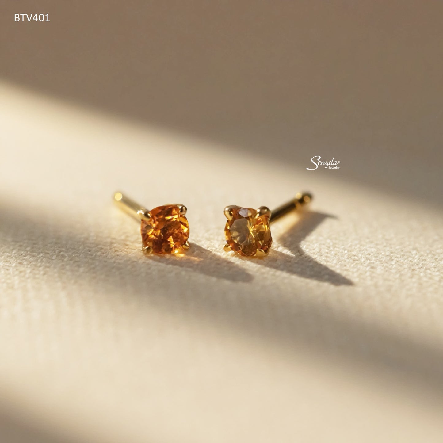 14K Solid Gold Round Cut Citrine 4-Prong Stud Earrings