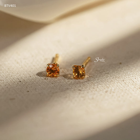 14K Solid Gold Round Cut Citrine 4-Prong Stud Earrings