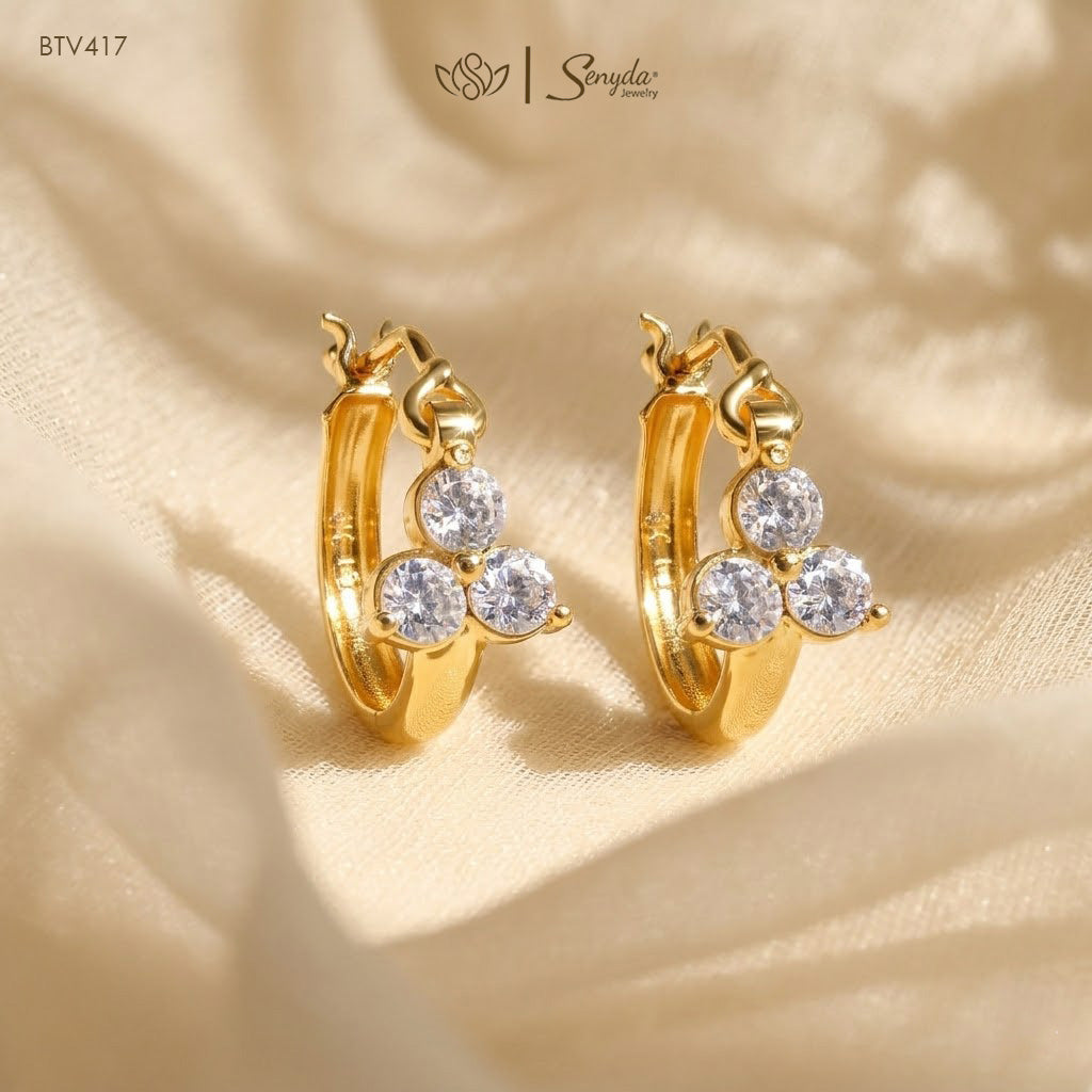 10K Solid Gold Three-Stone CZ Hoop Earrings