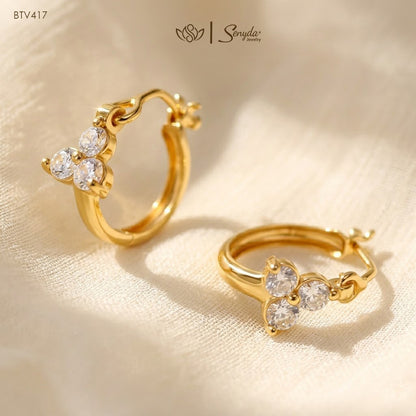 10K Solid Gold Three-Stone CZ Hoop Earrings