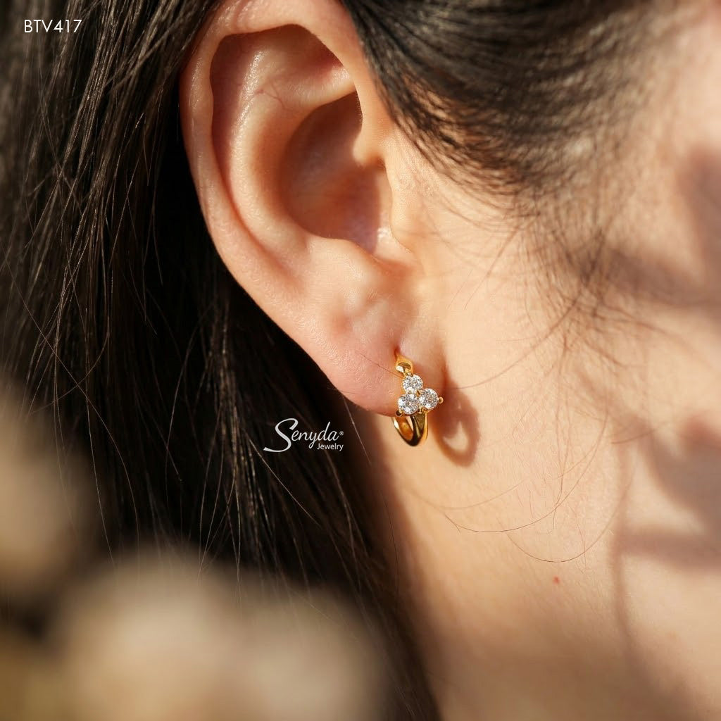 10K Solid Gold Three-Stone CZ Hoop Earrings