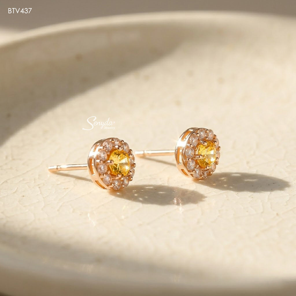 15K Solid Gold Cubic Zirconia Halo Stud Earrings