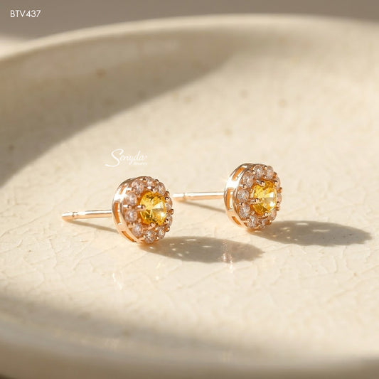 15K Solid Gold Cubic Zirconia Halo Stud Earrings