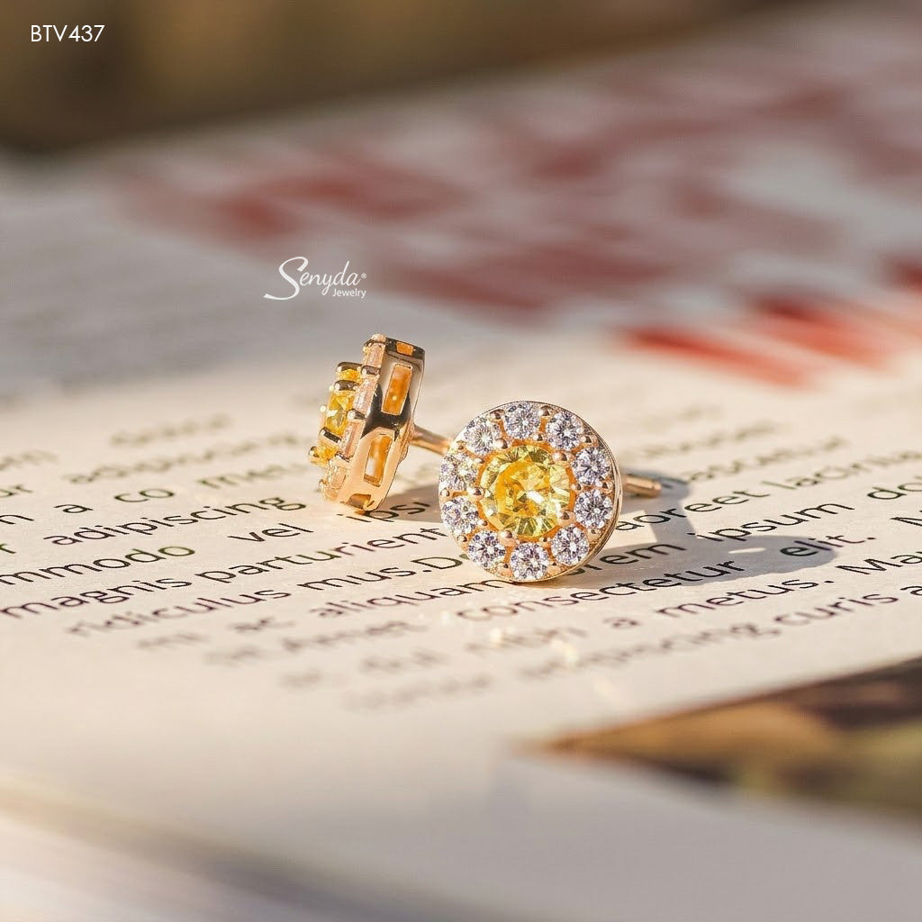 15K Solid Gold Cubic Zirconia Halo Stud Earrings