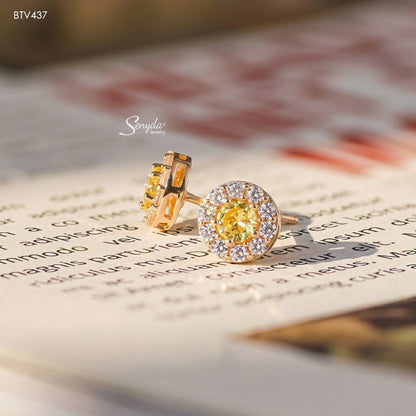 15K Solid Gold Cubic Zirconia Halo Stud Earrings